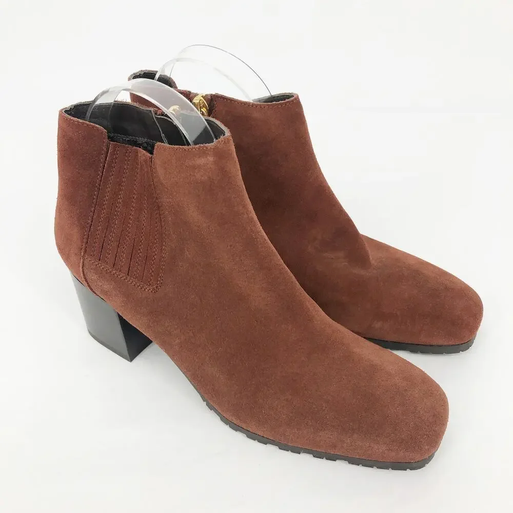 Aquatalia Womens Chelsea Boots SIZE 7.5 Brown Heeled Square Toe Suede NWOB
